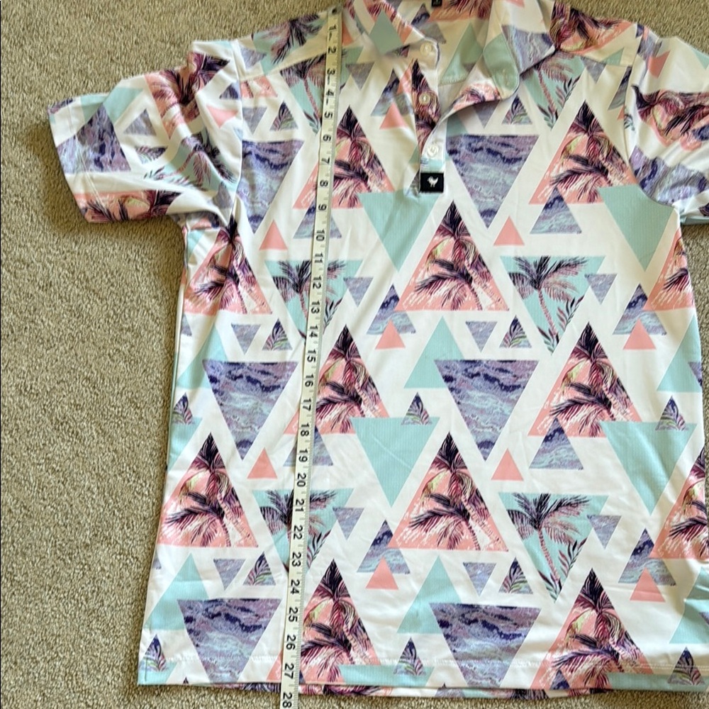 Bad Birdie Pink and Blue Polo Shirt with Modern Geometric Design - Picture 6 of 7
